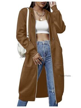 Women Fleece Zip Up Hooded Tunic Sweatshirt Long Jacket with Pockets